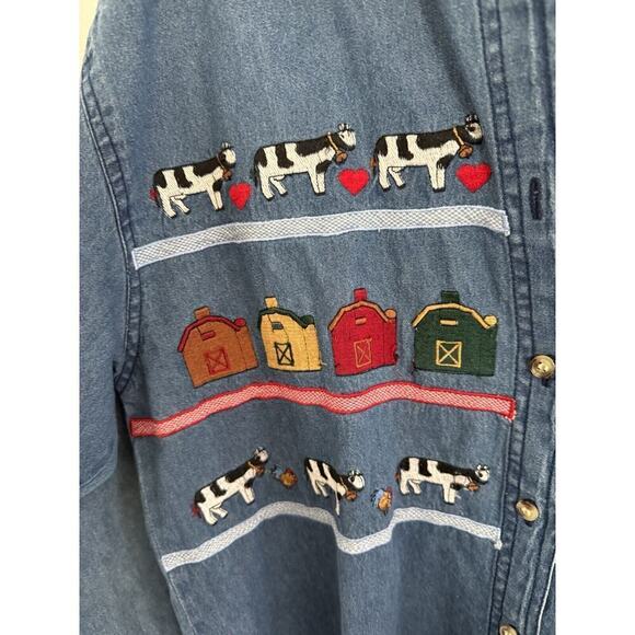 Way To Go Denim Button Up Shirt Embroidered Farm Animals Womens Medium Vintage - Picture 4 of 7